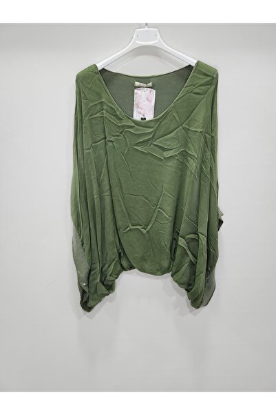 della moor Women's Khaki Italian Bat Sleeve Silk Blouse with Sequin Detail