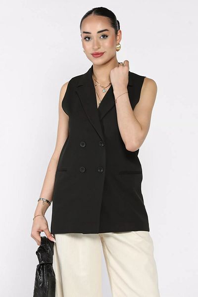 GÜLSELİ Black Double Breasted Collar Lined Women's Vest