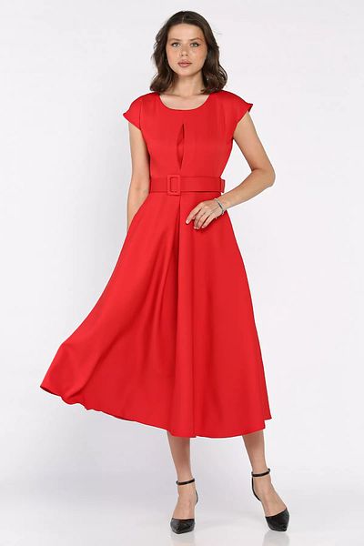 GÜLSELİ Red Pleated Zero Sleeve Belted Kilos Dress