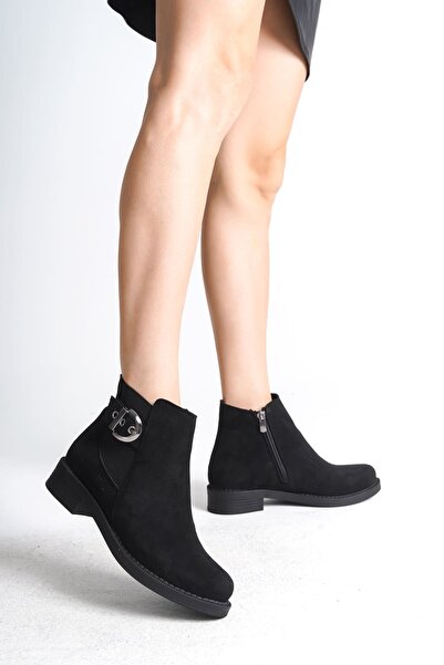 Joy Ayakkabı Luna zippered elastic orthopedic sole heeled suede women's boot sst - black