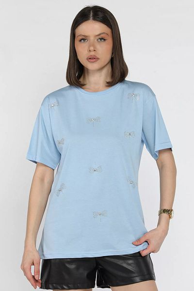 GÜLSELİ Tricou de damă cu decolteu cu fundă albastru deschis