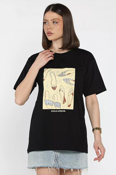 GÜLSELİ Tricou de damă negru cu decolteu rotund cu imprimeu brodat de piatră