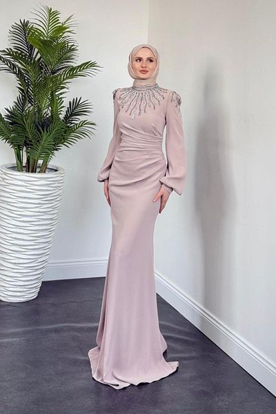 MERVEN AKYÜZ Aleda Fish Glitter Evening Dress Stone