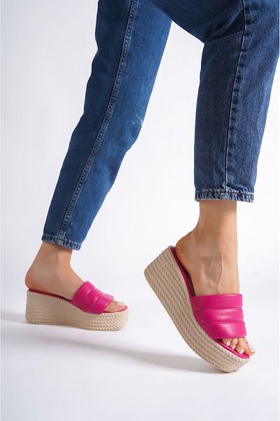 Joy Ayakkabı Reina Wedge Heeled Orthopedic Sole Straw Look Women's Slippers Ckt - Fuchsia