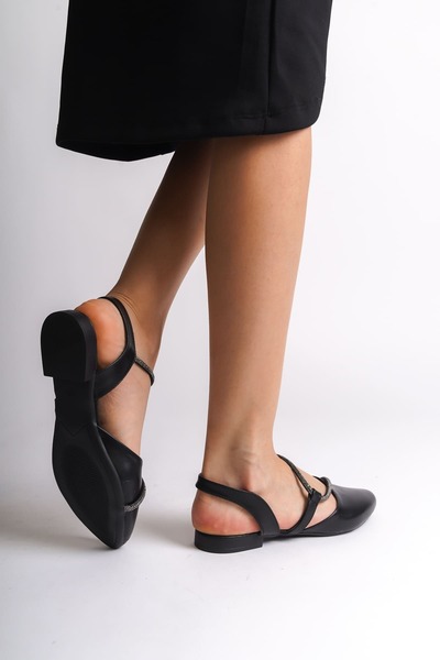 Joy Ayakkabı Hannah Elastic Orthopedic Comfortable Sole Stone Detailed Women's Ballerina Shoes Cst - Black