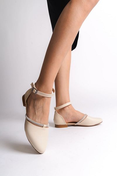 Joy Ayakkabı Monica Buckle Orthopedic Comfortable Sole Stone Detailed Women's Ballerina Shoes Ckt - Cream