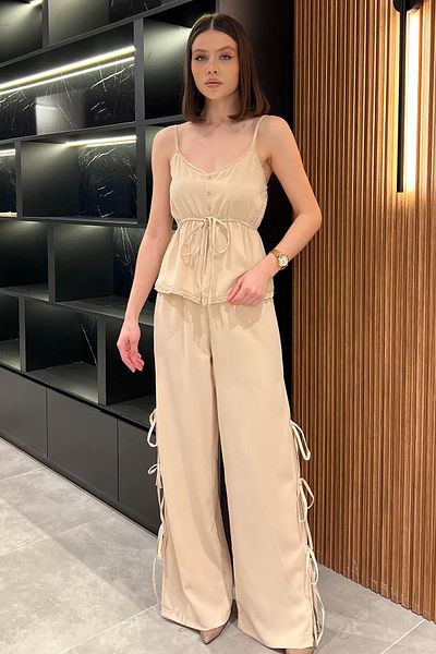 GÜLSELİ Beige Rope Strap Waist Elastic Blouse Trousers Double Set