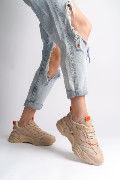 Kuşkaya Ticaret Tokyo Lace-Up Orthopedic Sole Knitwear Detailed Women's Sports Shoes Ttt - Skin/Orange