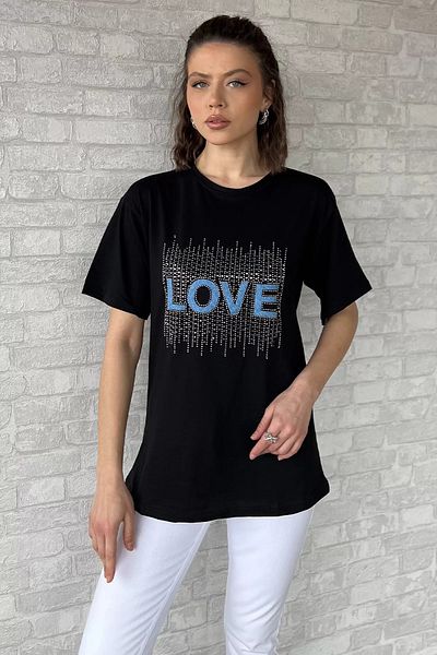 GÜLSELİ Tricou negru pentru femei Love Stone Crew Neck