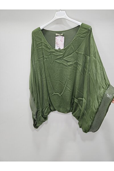 della moor Women's Khaki Italian Bat Sleeve Silk Blouse with Sequin Detail