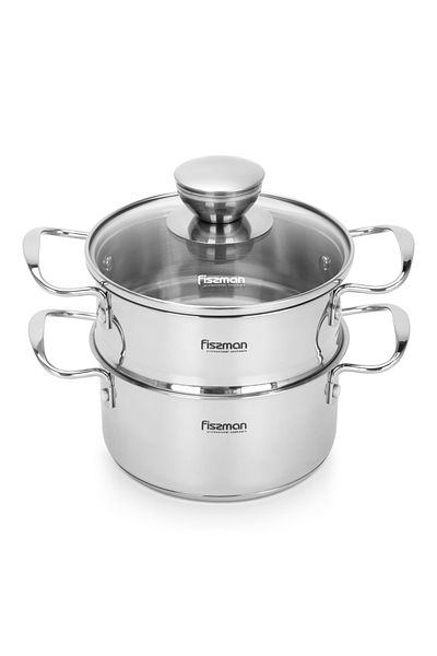 Fissman Cooking Pot 1.1L w/ Steamer Stainless Steel Stockpot with Glass Lid 14x7.0cm Dishwasher Safe