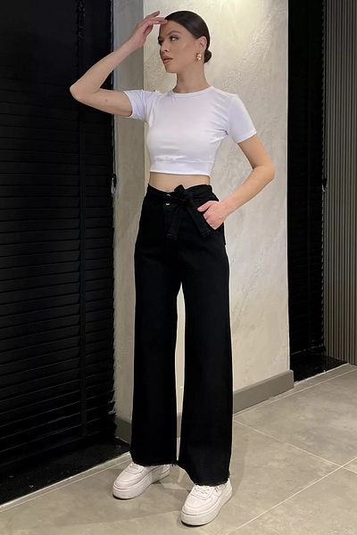 GÜLSELİ Pantaloni Palazzo de damă din Lycra cu talie înaltă cu ciucuri