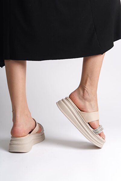 kemalacar Sarah Flat Heeled Stone Striped Thick and Orthopedic Sole Women's Slippers Ckt - Cream