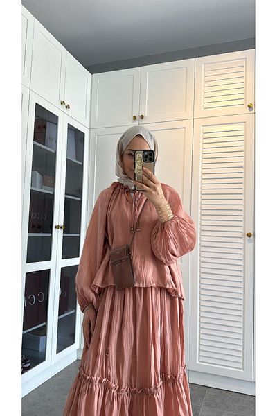 My Blog Salmon Flounce Wrinkle Blouse Skirt Set - 8722