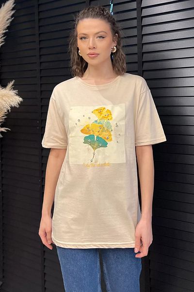 GÜLSELİ Tricou de damă bej cu decolteu rotund imprimat Stone