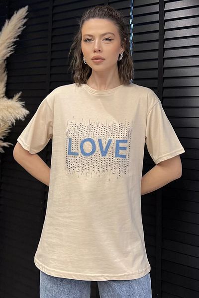 GÜLSELİ Tricou de damă Beige Love Stone Crew Neck