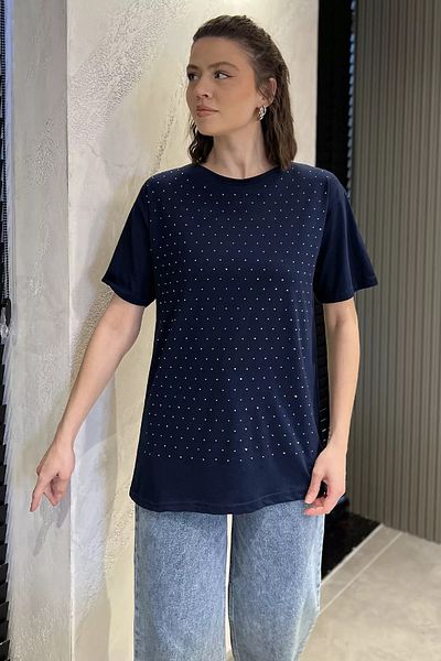 GÜLSELİ Tricou de damă bleumarin cu decolteu rotund în față Stone
