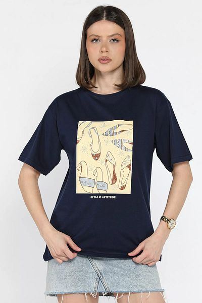GÜLSELİ Tricou de damă cu decolteu rotund cu imprimeu brodat de piatră bleumarin