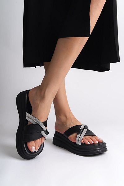 Joy Ayakkabı Ruby Flat Heeled Stone Cross Stripe Thick and Orthopedic Sole Women's Slippers Cst - Black