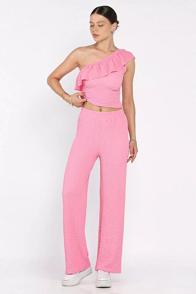 GÜLSELİ Pink Women's Self Patterned One Shoulder Blouse Pants Double Suit