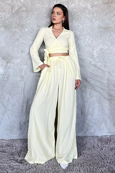 GÜLSELİ Yellow Double Breasted Collar Waist Lace up Blouse Pants Double Suit