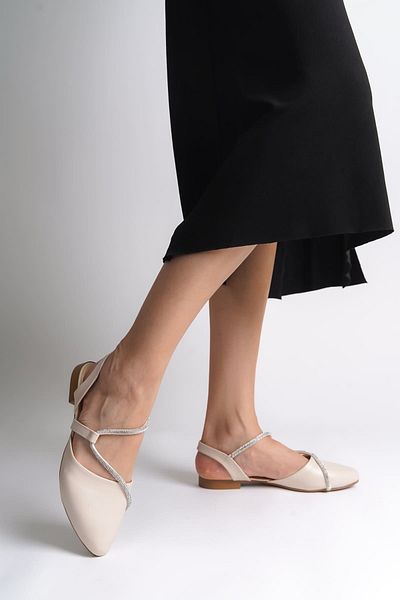 Joy Ayakkabı Hannah Elastic Orthopedic Comfortable Sole Stone Detailed Women's Ballerina Shoes Ckt - Cream