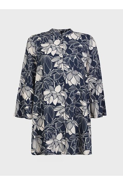 ALİA Floral Patterned Plus Size Tunic - Navy Blue - Alia