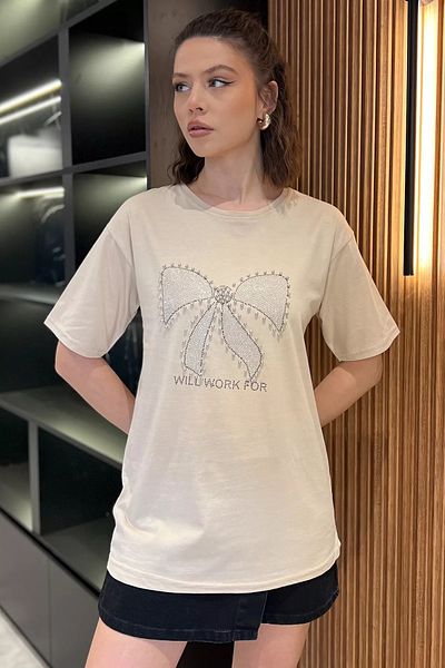 GÜLSELİ Tricou de damă cu decolteu cu panglică bej