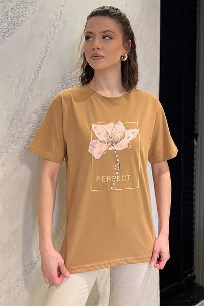 GÜLSELİ Tricou de damă cu imprimeu cu gât de bicicletă Biscuit