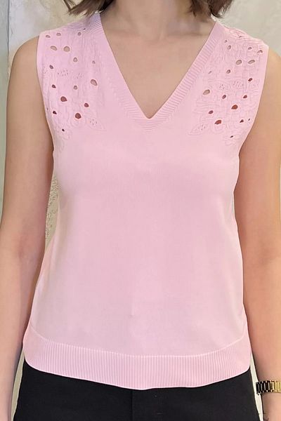 GÜLSELİ Pink Women's V-Neck Zero Sleeve Knitwear Blouse