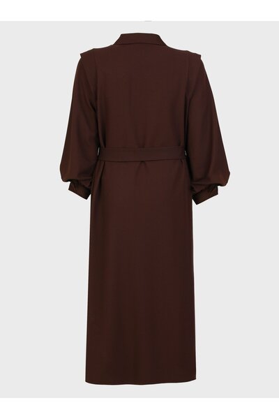 ALİA Krep Kumaşlı Aller Detaylı Büyük Beden Elbise - Kahverengi - Alia