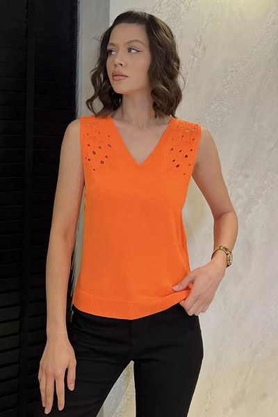 GÜLSELİ Neon Orange Women's V-Neck Zero Sleeve Knitwear Blouse