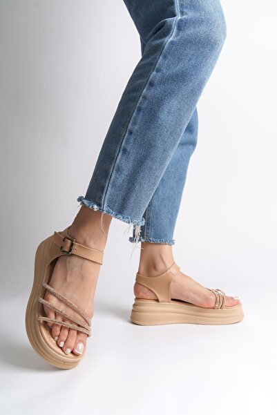 Kuşkaya Ticaret Eva Thick Buckle Stone Striped Orthopedic Sole Women's Sandals Ctt - Skin
