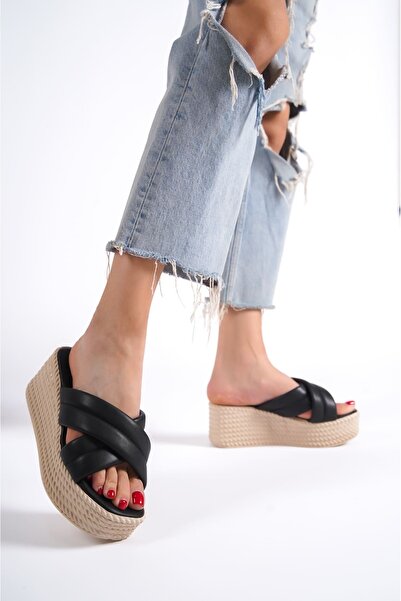 Joy Ayakkabı Joymix platform heel orthopedic sole wicker-look women's slippers ckt - black