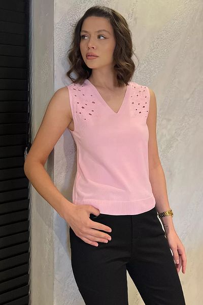 GÜLSELİ Pink Women's V-Neck Zero Sleeve Knitwear Blouse
