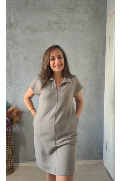 Butik Modal kumaş elbise -Vizon Renk