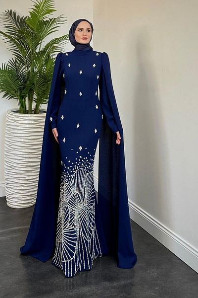MERVEN AKYÜZ Βραδινό φόρεμα Farah Sleeves Cape Indigo