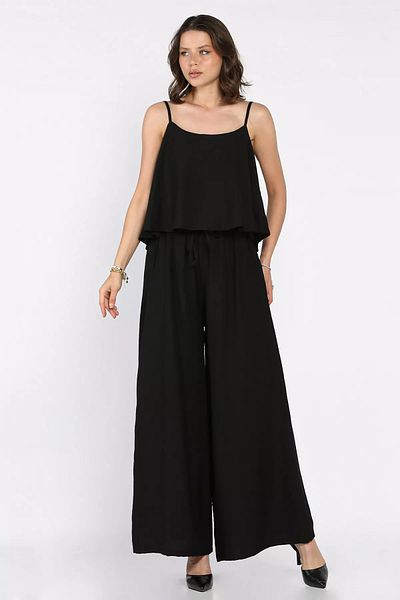 GÜLSELİ Black Rope Strap Blouse Palazzo Trousers Double Set
