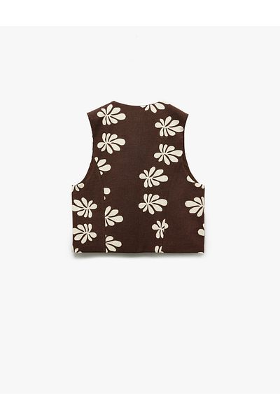 Koton Lined Linen Blend Bow Detail V-Neck Floral Crop Vest