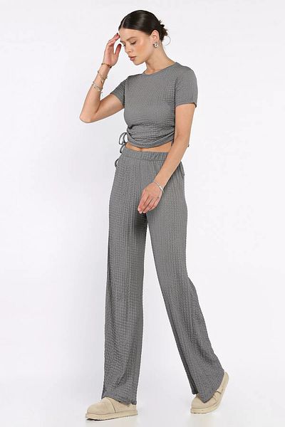 GÜLSELİ Smoked Women's Self Patterned Side Gathered Blouse Trousers Double Suit