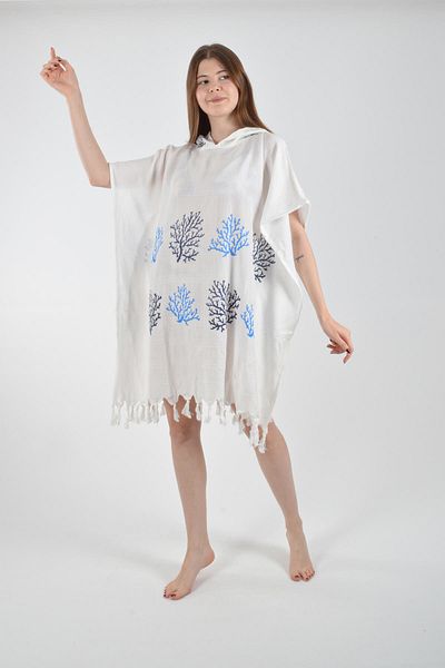 CASPARA Μπλε κοραλί μοτίβο Poncho I Βαμβακερό μπλε ύφασμα Viscon I Ρούχα παραλίας Pareo Beachwear