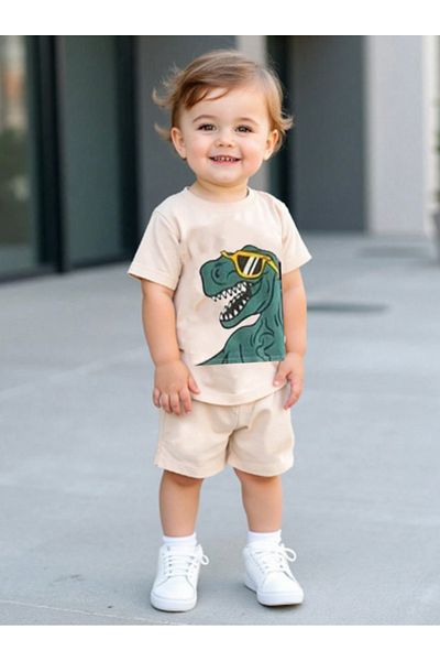 bebekpare Boy's T-Shirt Shorts Set Beige Dinosaur