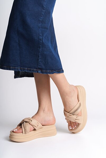 Baybonza Clara Flat Heeled Ribbon Patterned Stone Thick and Orthopedic Sole Women's Slippers Ctt - Skin