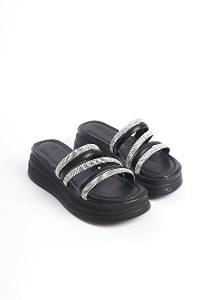 Baybonza Elise Flat Heeled Striped Stone Thick and Orthopedic Sole Women's Slippers Cst - Black
