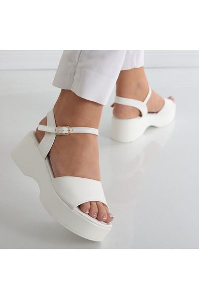 MODA STİL Women's White Platform Sandals Made of Tarla Ecological Leather, 40