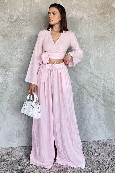 GÜLSELİ Pink Double Breasted Collar Waist Lace up Blouse Pants Double Suit