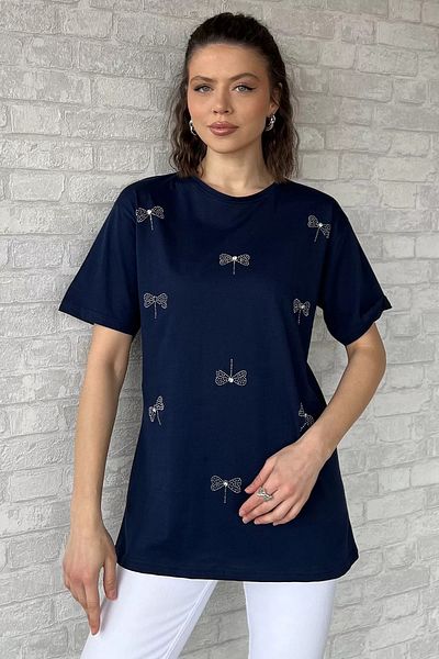 GÜLSELİ Tricou de damă cu decolteu cu fundă albastru