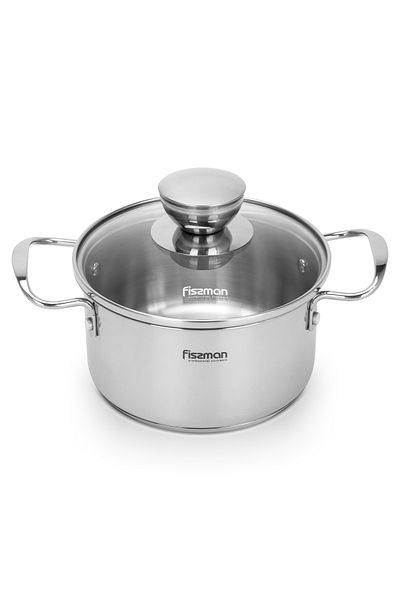Fissman Cooking Pot 0.9L with Glass Lid, Stainless Steel Stockpot 14x6.0cm Dishwasher Safe
