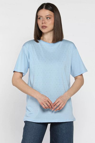 GÜLSELİ Tricou de damă albastru deschis cu decolteu cu piatră în față