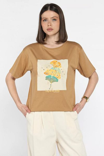 GÜLSELİ Tricou de damă Biscuit Crew Neck Printed Stones